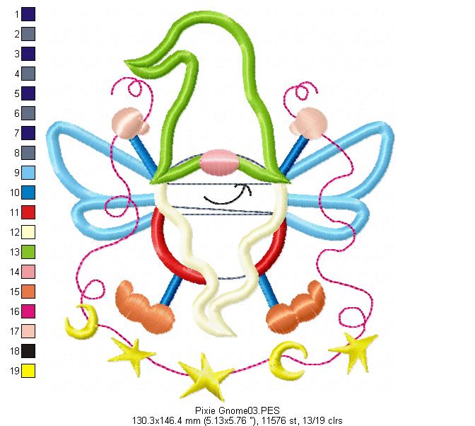 Pixie Gnome  - Applique - Machine Embroidery Design