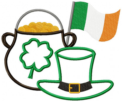 Pot of Gold, Hat and Flag - Applique