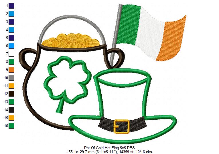 Pot of Gold, Hat and Flag - Applique