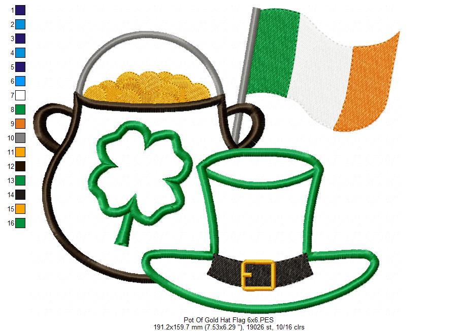 Pot of Gold, Hat and Flag - Applique