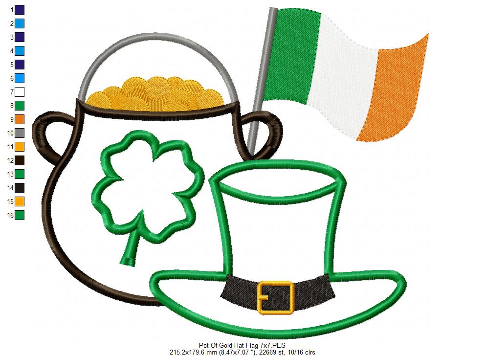 Pot of Gold, Hat and Flag - Applique