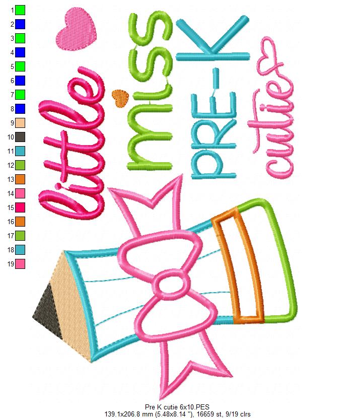 Little Miss Pre-K Cutie - Applique Embroidery