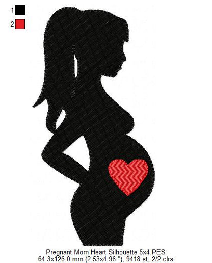 Pregnant Mom Heart Silhouette - Fill Stitch - Machine Embroidery Design