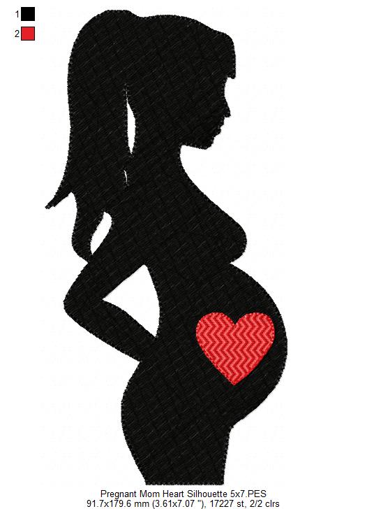 Pregnant Mom Heart Silhouette - Fill Stitch - Machine Embroidery Design