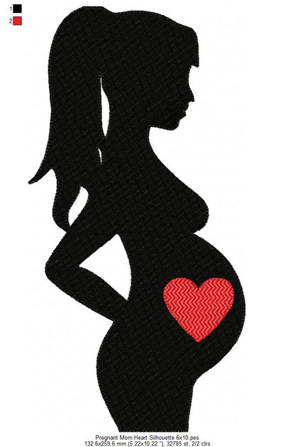 Pregnant Mom Heart Silhouette - Fill Stitch - Machine Embroidery Design
