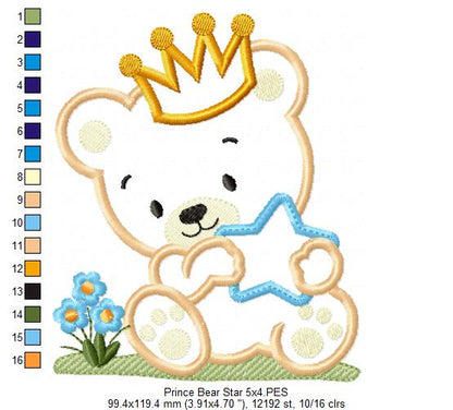 Prince Teddy Bear Boy and Star - Applique Embroidery