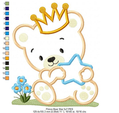 Prince Teddy Bear Boy and Star - Applique Embroidery