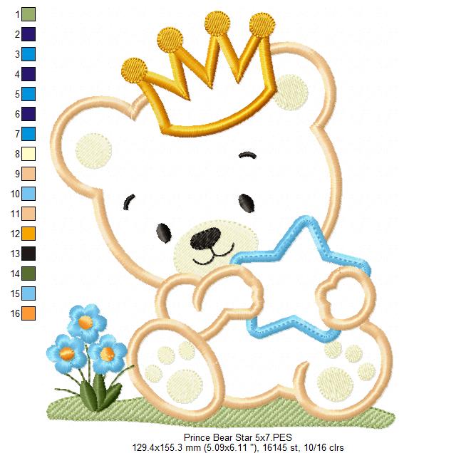 Prince Teddy Bear Boy and Star - Applique Embroidery