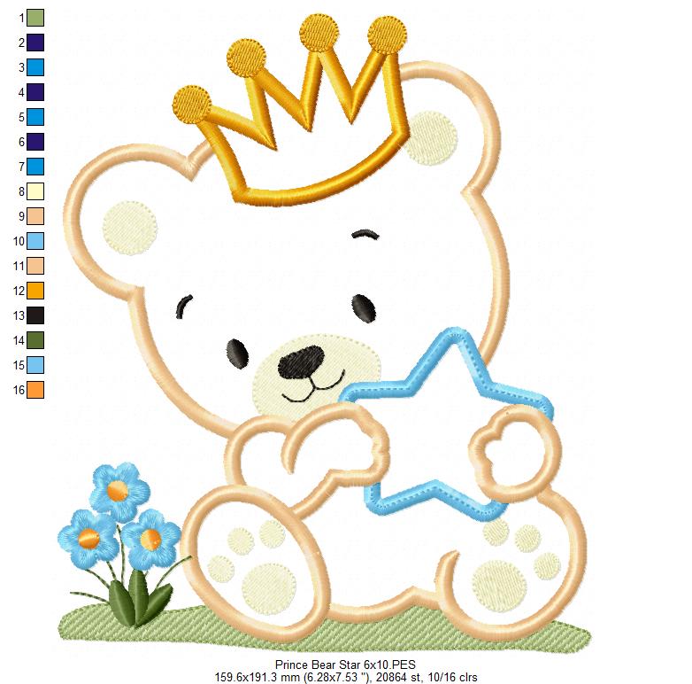 Prince and Princess Teddy Bear and Star - Applique - Set of 2 designs