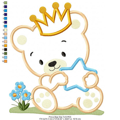 Prince and Princess Teddy Bear and Star - Applique - Set of 2 designs