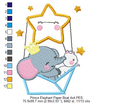 Prince Elephant and Cat in a Paper Boat Star Balloon - Applique Embroidery