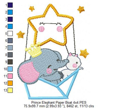 Prince Elephant and Cat in a Paper Boat Star Balloon - Applique Embroidery