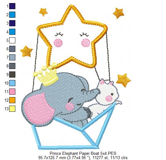 Prince Elephant and Cat in a Paper Boat Star Balloon - Applique Embroidery