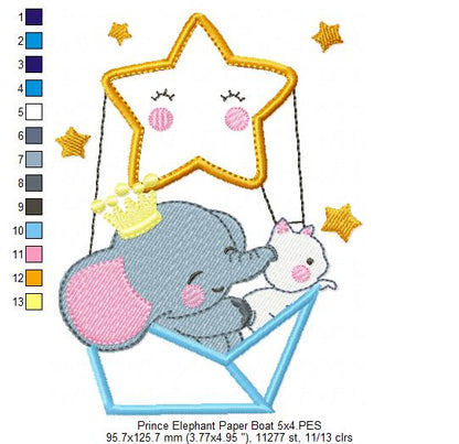 Prince Elephant and Cat in a Paper Boat Star Balloon - Applique Embroidery