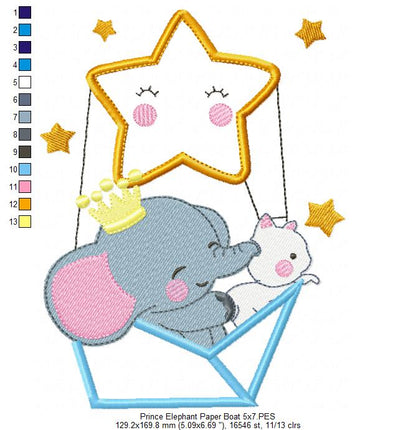 Prince Elephant and Cat in a Paper Boat Star Balloon - Applique Embroidery