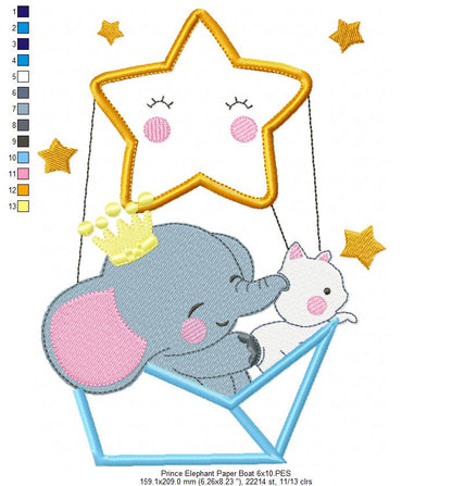 Prince Elephant and Cat in a Paper Boat Star Balloon - Applique Embroidery