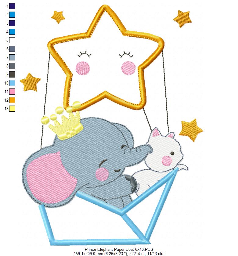 Prince Elephant and Cat in a Paper Boat Star Balloon - Applique Embroidery