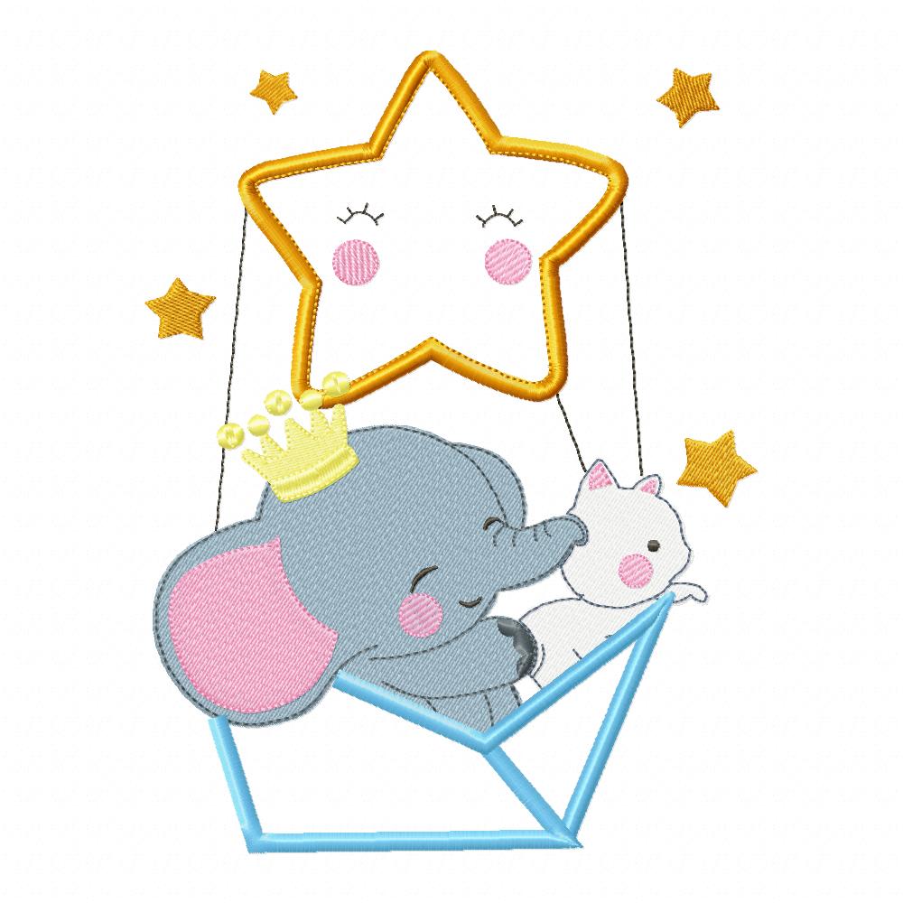 Prince Elephant and Cat in a Paper Boat Star Balloon - Applique Embroidery