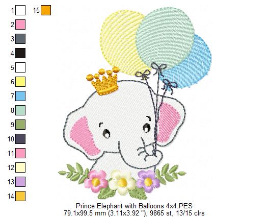 Prince Elephant with Balloons - Fill Stitch Embroidery