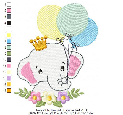 Prince Elephant with Balloons - Fill Stitch Embroidery