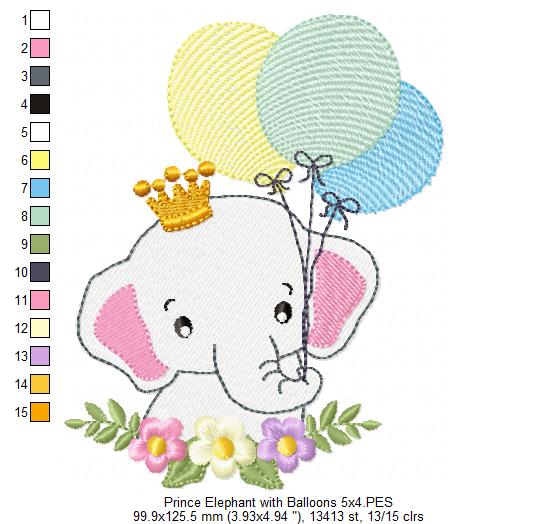 Prince Elephant with Balloons - Fill Stitch Embroidery