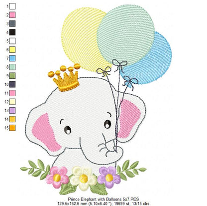 Prince Elephant with Balloons - Fill Stitch Embroidery