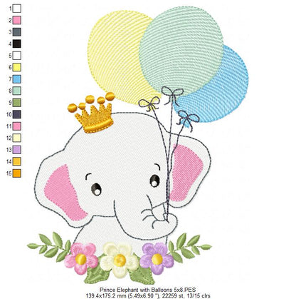 Prince Elephant with Balloons - Fill Stitch Embroidery