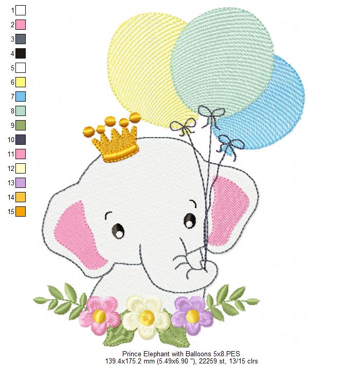 Prince Elephant with Balloons - Fill Stitch Embroidery