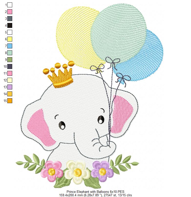 Prince Elephant with Balloons - Fill Stitch Embroidery