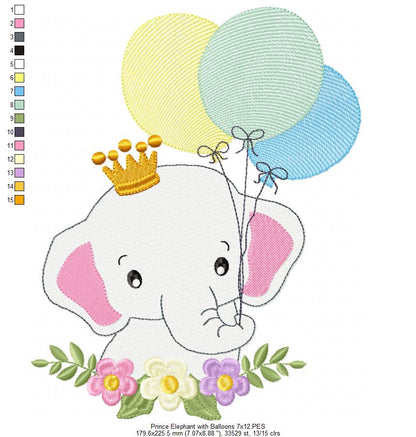 Prince Elephant with Balloons - Fill Stitch Embroidery
