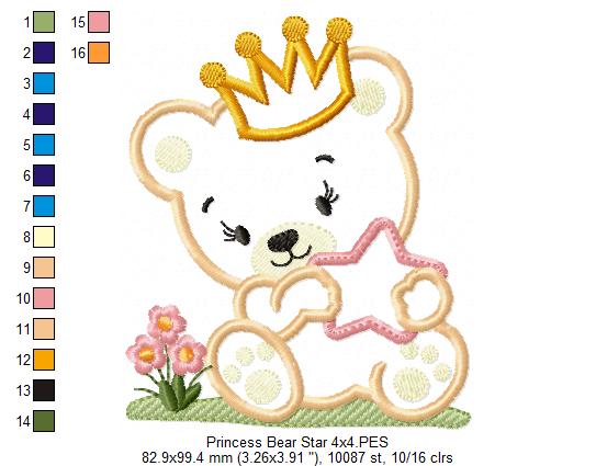Princess Teddy Bear Girl and Star - Applique