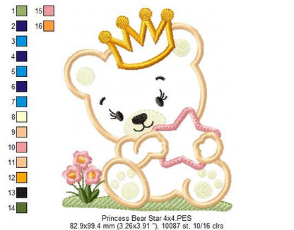 Prince and Princess Teddy Bear and Star - Applique - Set of 2 designs