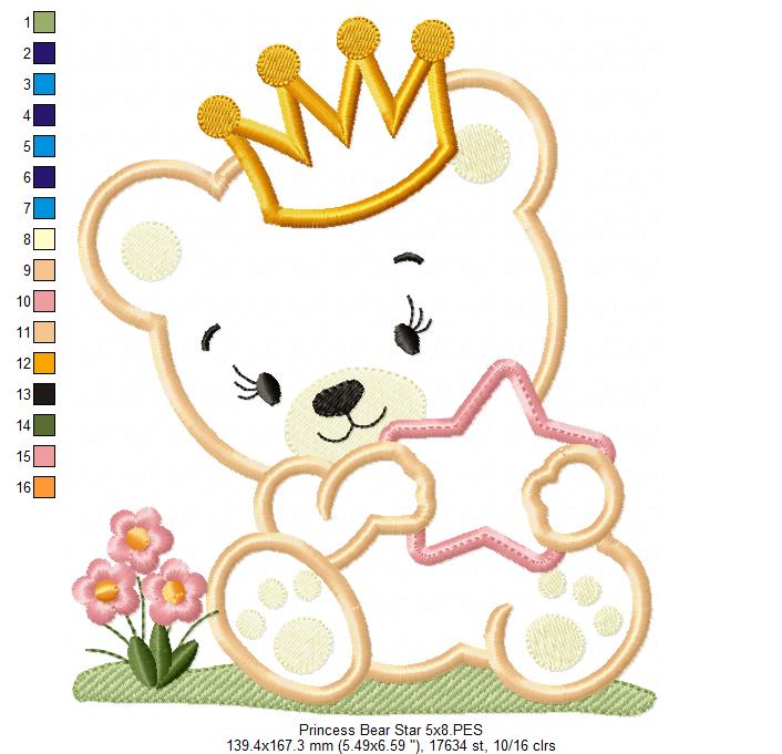 Princess Teddy Bear Girl and Star - Applique