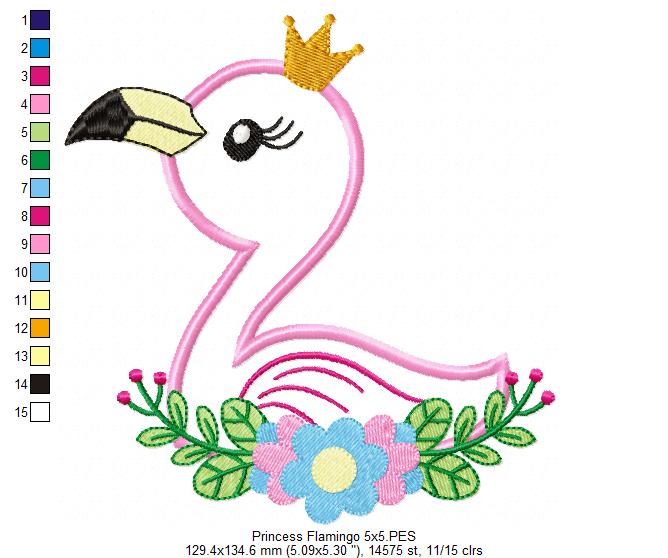 Princess Flamingo - Applique - Machine Embroidery Design
