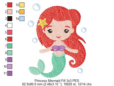 Princess Mermaid Ariel - Fill Stitch Machine Embroidery Design