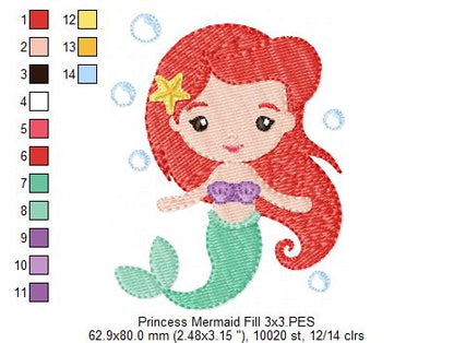 Princess Mermaid Ariel - Fill Stitch Machine Embroidery Design