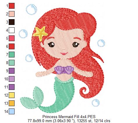 Princess Mermaid Ariel - Fill Stitch Machine Embroidery Design