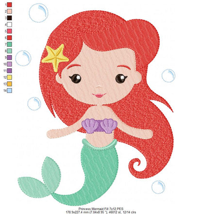 Princess Mermaid Ariel - Fill Stitch Machine Embroidery Design