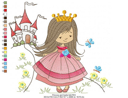 Princess and Castle - Fill Stitch - Machine Embroidery Design