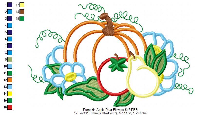 Pumpkin, Apple, Pear and Flowers - Applique