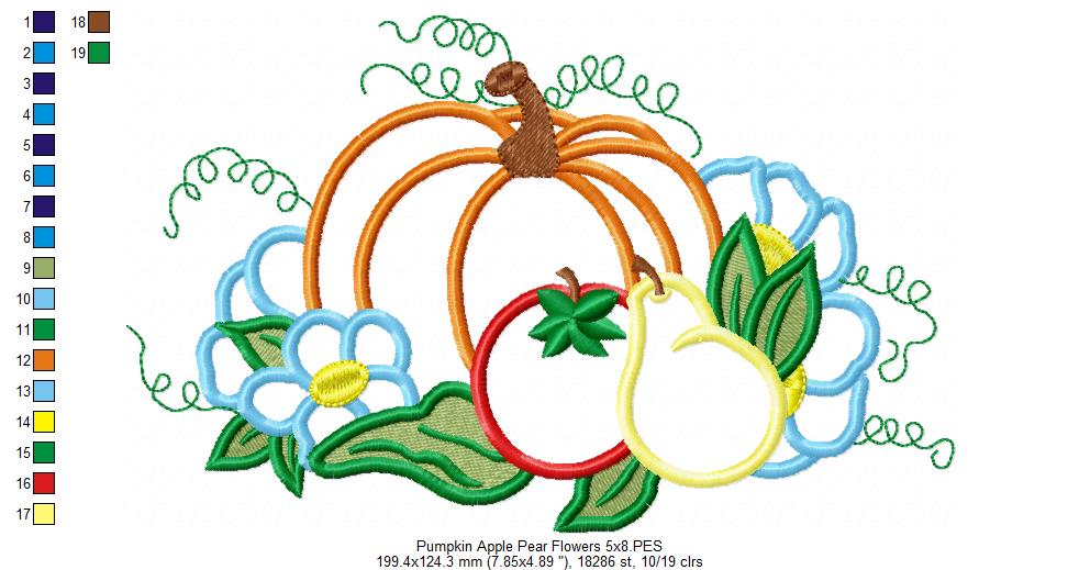Pumpkin, Apple, Pear and Flowers - Applique