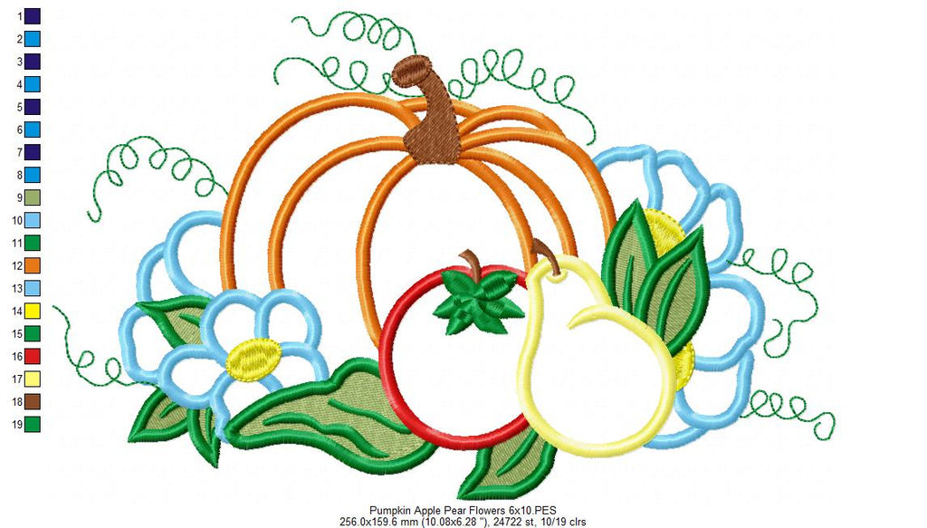 Pumpkin, Apple, Pear and Flowers - Applique