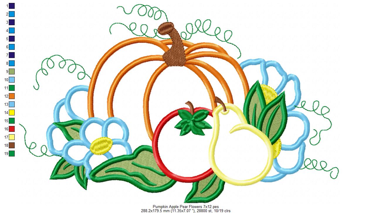 Pumpkin, Apple, Pear and Flowers - Applique