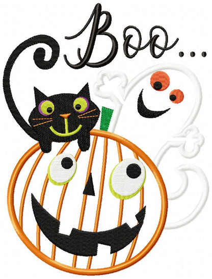 Halloween Boo Pumpkin, Black Cat and Ghost - Applique - Machine Embroidery Design