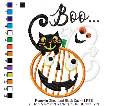Halloween Boo Pumpkin, Black Cat and Ghost - Applique - Machine Embroidery Design