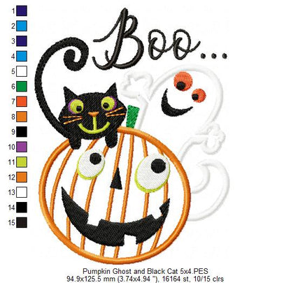 Halloween Boo Pumpkin, Black Cat and Ghost - Applique - Machine Embroidery Design