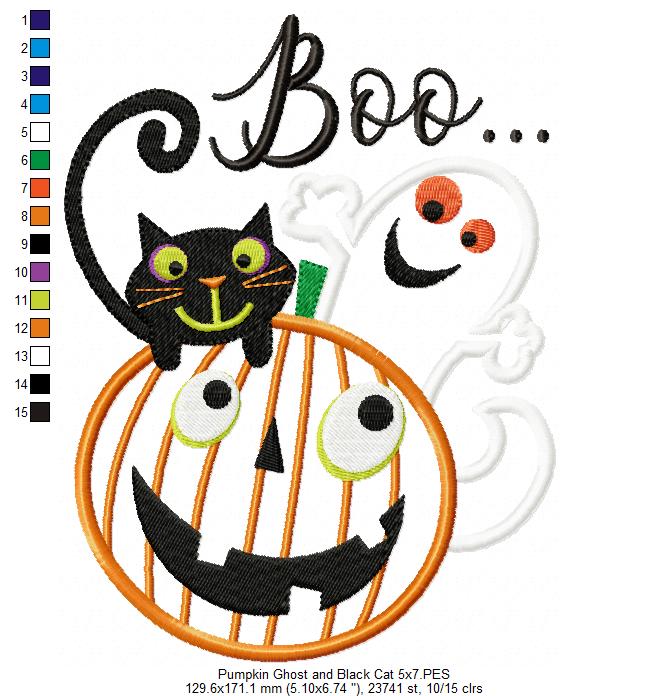 Halloween Boo Pumpkin, Black Cat and Ghost - Applique - Machine Embroidery Design
