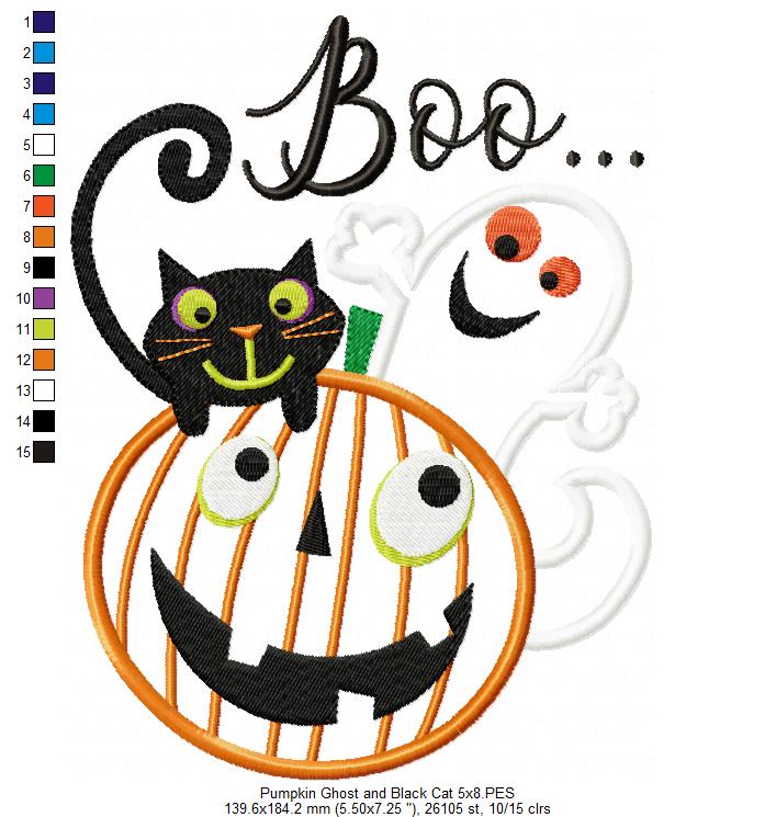 Halloween Boo Pumpkin, Black Cat and Ghost - Applique - Machine Embroidery Design