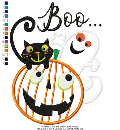 Halloween Boo Pumpkin, Black Cat and Ghost - Applique - Machine Embroidery Design