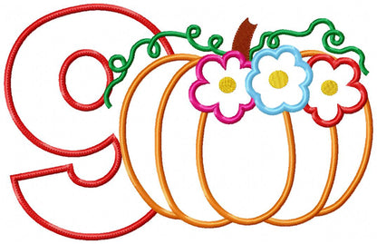 Thanksgiving Pumpkin Number 9 Nine 9th Birthday - Applique